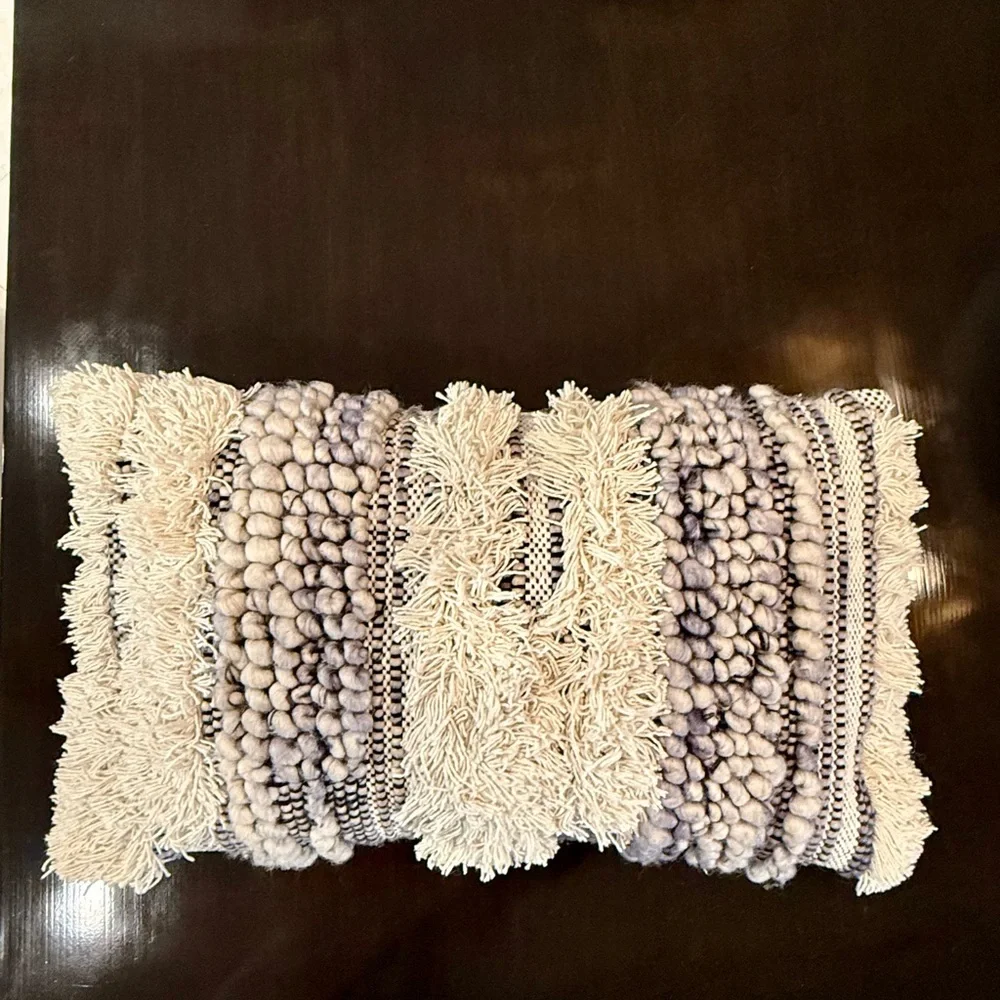Arhaus Boho Blue Cream Stripe Lumbar Pillow Chunky 24